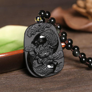 Black Obsidian Lucky Koi Fish Necklace